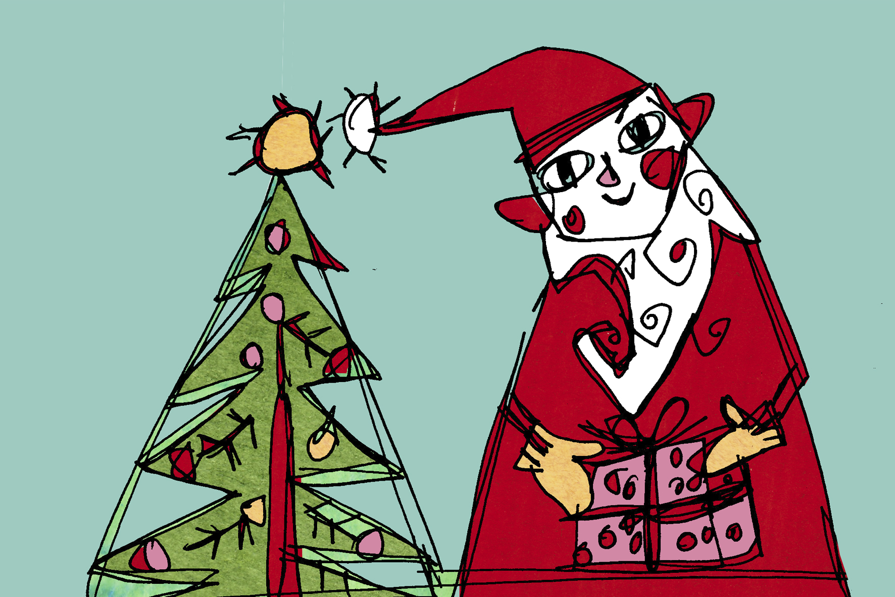 Joonistus päkapikust ja jõulupuust
