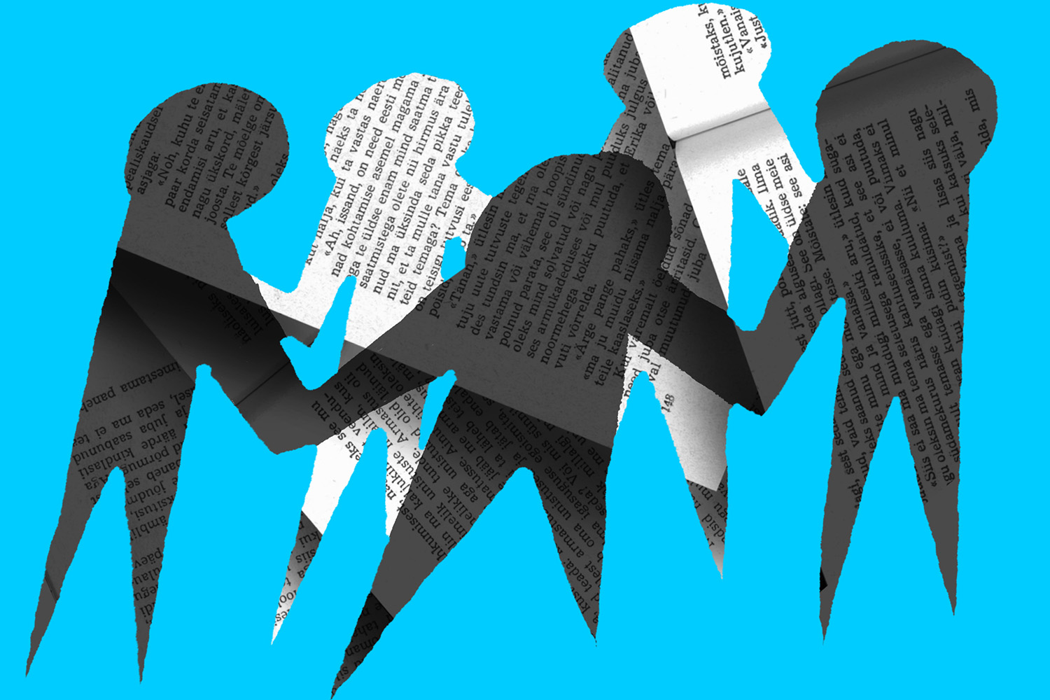 Tekstiga täidetud inimfiguurid hoiavad käest